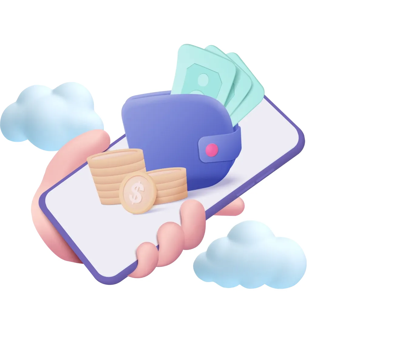 illustration of a hand holding a smartphone with a digital wallet, coins, and cash, symbolizing mobile payments, digital banking, and fast financing