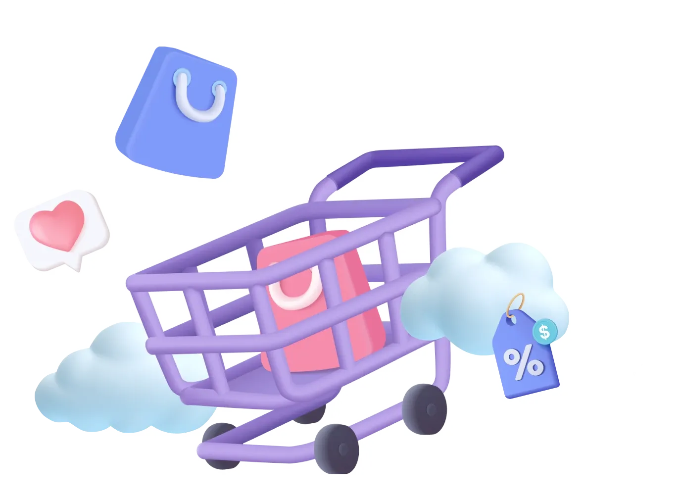 illustration of a purple shopping cart with discount tag