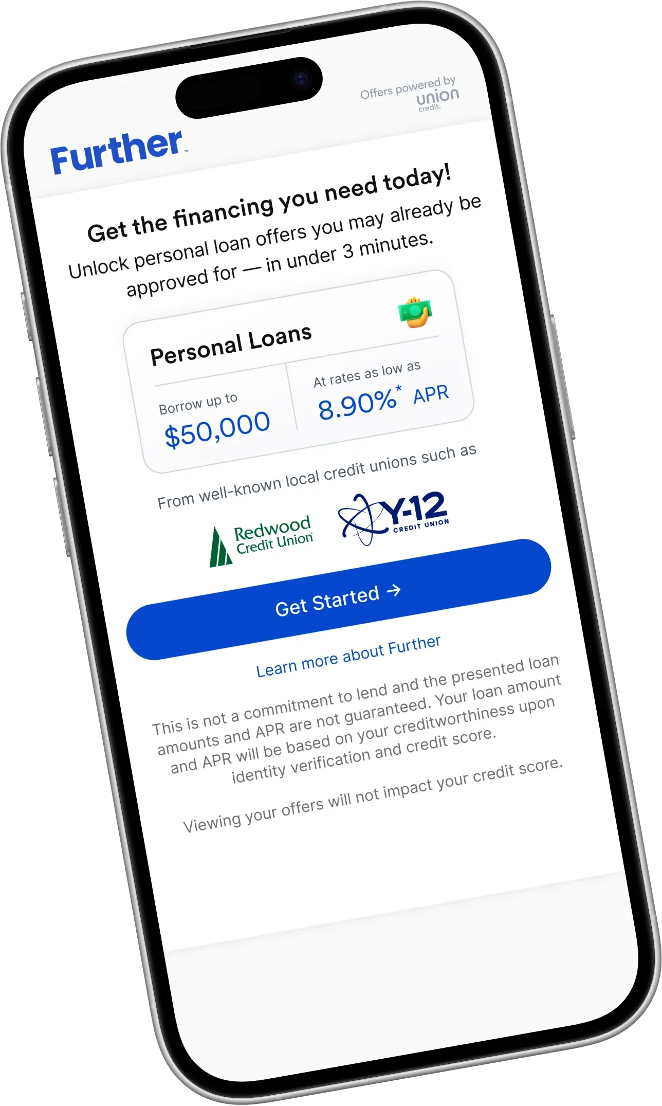 smartphone screen showing Further app loan offers