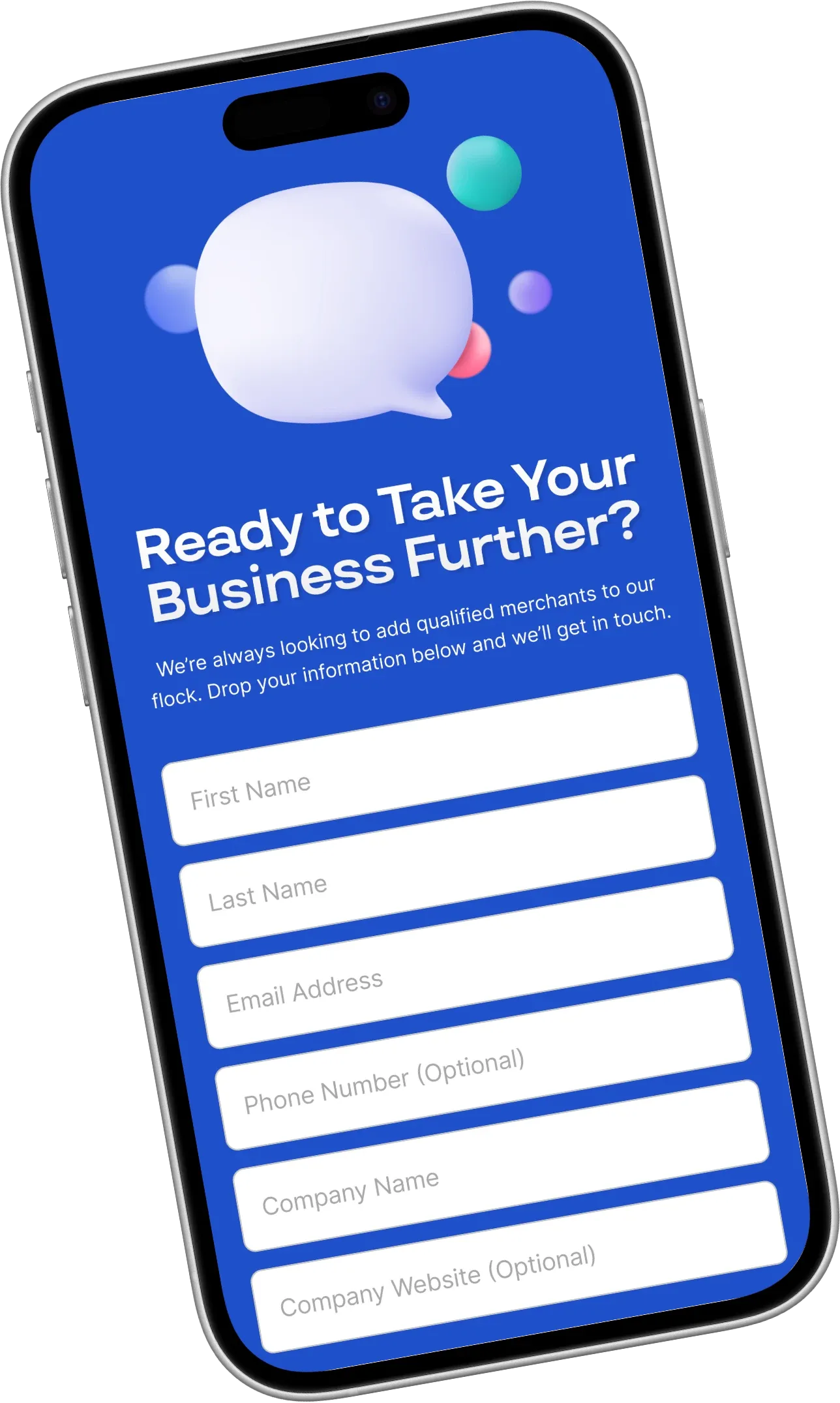 mobile app screen inviting merchants to join Further with a business sign-up form