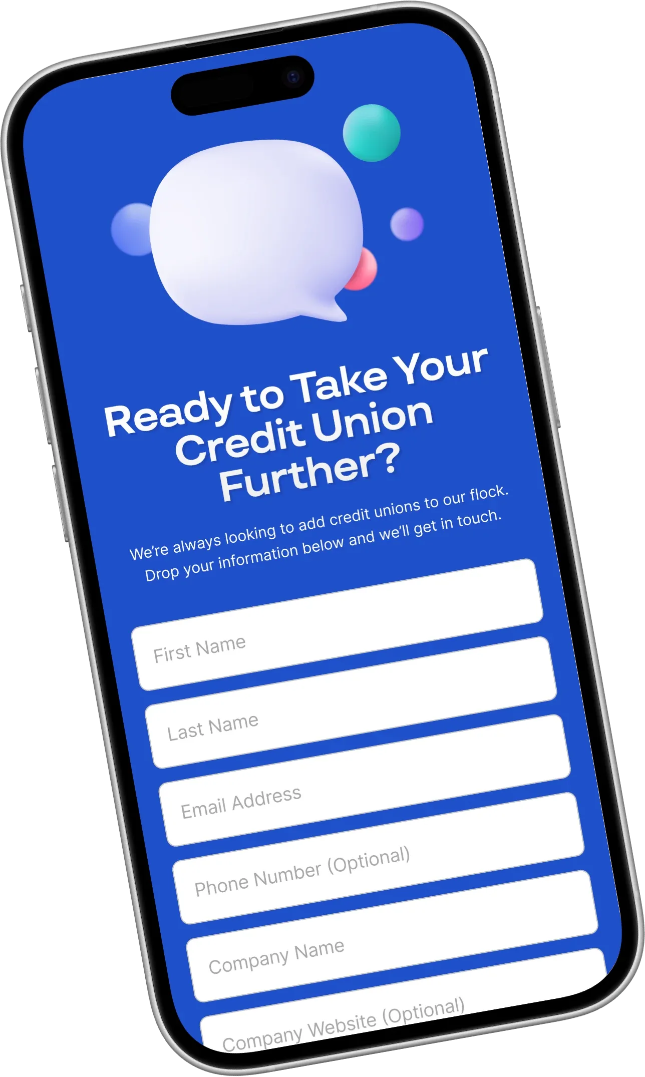 mobile screen inviting credit unions to join Further with a digital finance sign-up form