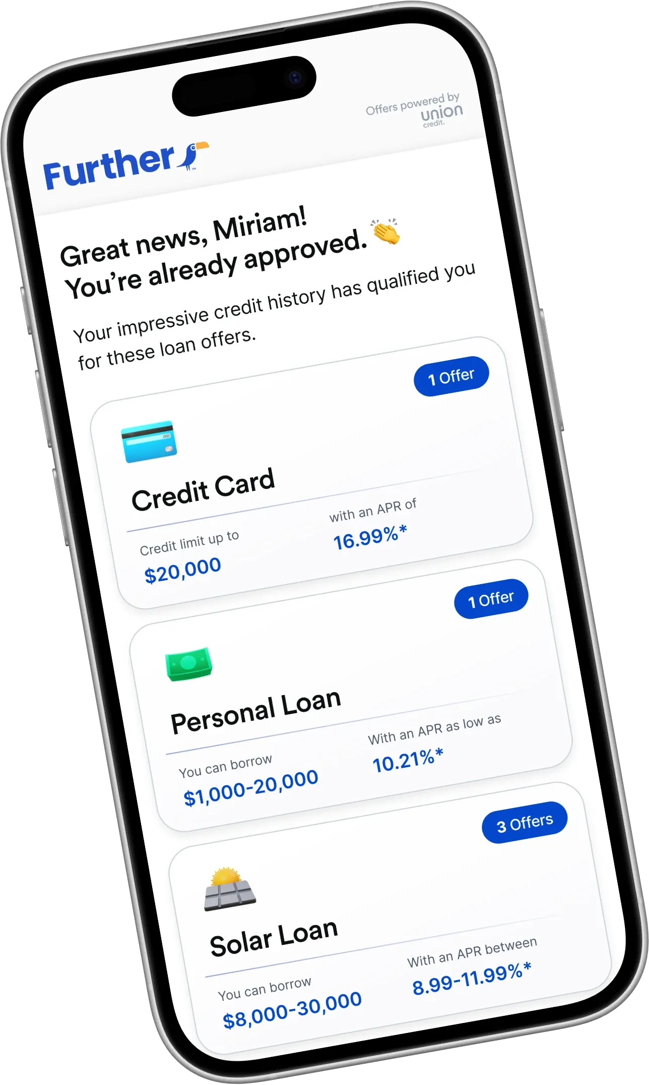 Further app screen showing approved loan offers including credit card, personal loan, and solar loan — digital finance solutions