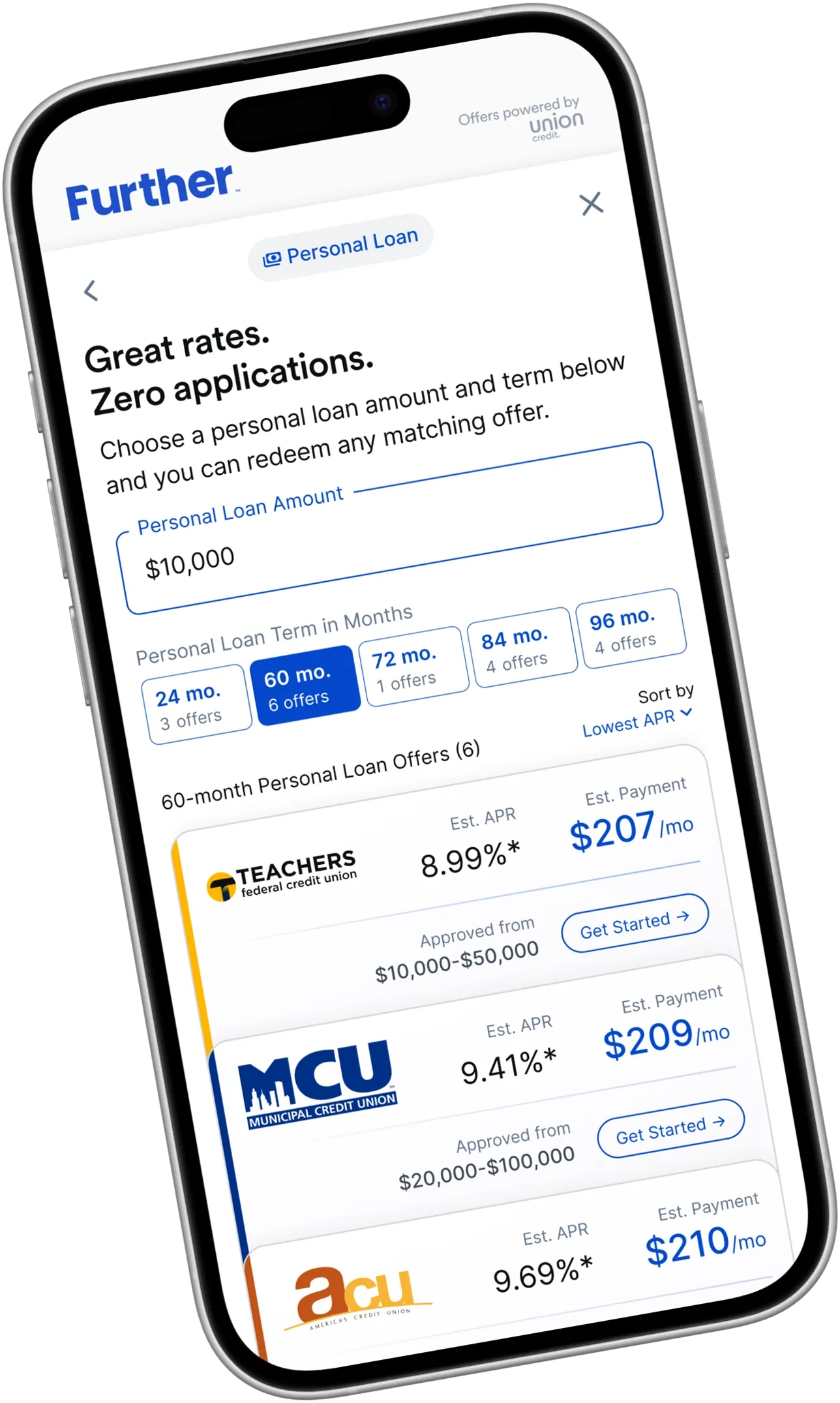 mobile app interface displaying personal loan options with terms, APR, and monthly payments from credit unions