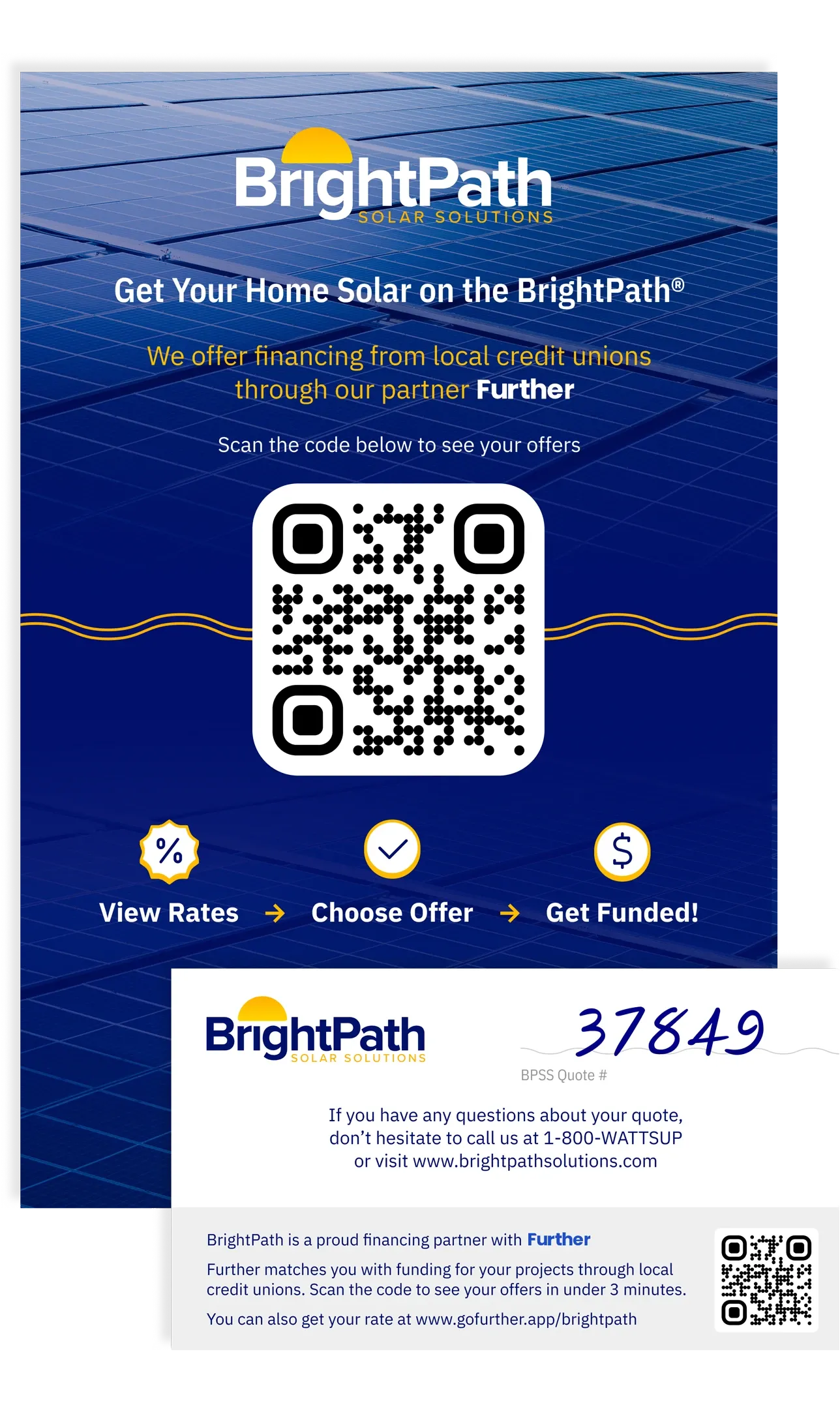 BrightPath Solar Solutions flyer with QR code offering home solar financing through Further