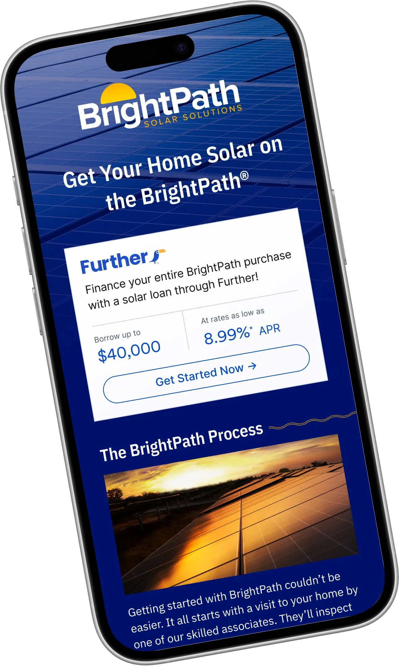 BrightPath Solar Solutions app screen showing solar loan financing through Further