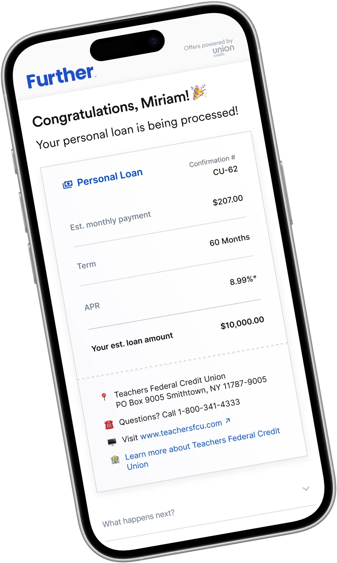Further app confirmation screen showing approved personal loan details