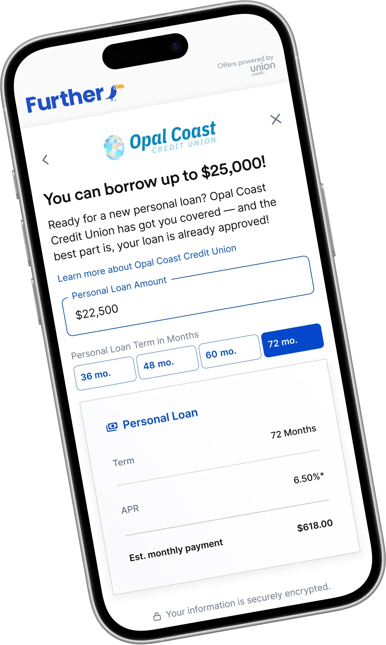 Mobile app screen with Opal Coast Credit Union loan approval of $22,500, terms, and APR — digital finance lending
