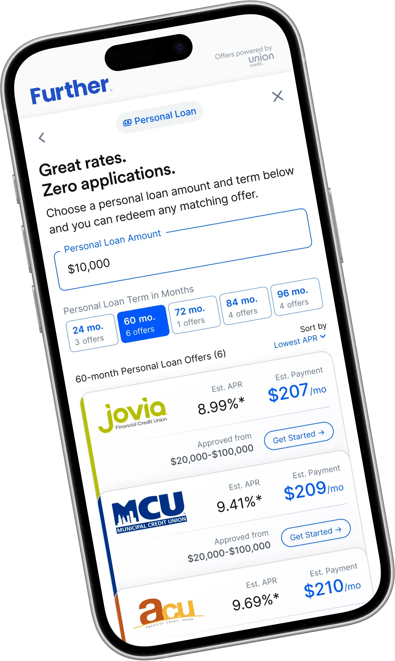 mobile app screen showing Further personal loan marketplace with multiple credit union offers