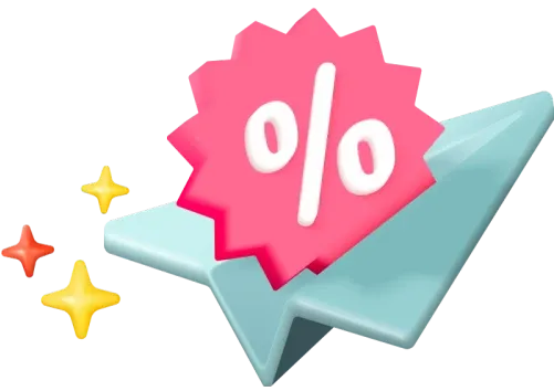 illustration of a paper airplane with a pink percentage discount badge and sparkles
