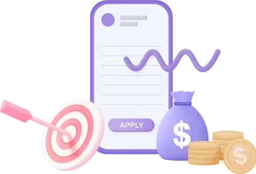 illustration of a loan application form with target, coins, and money bag — digital finance goal achievement