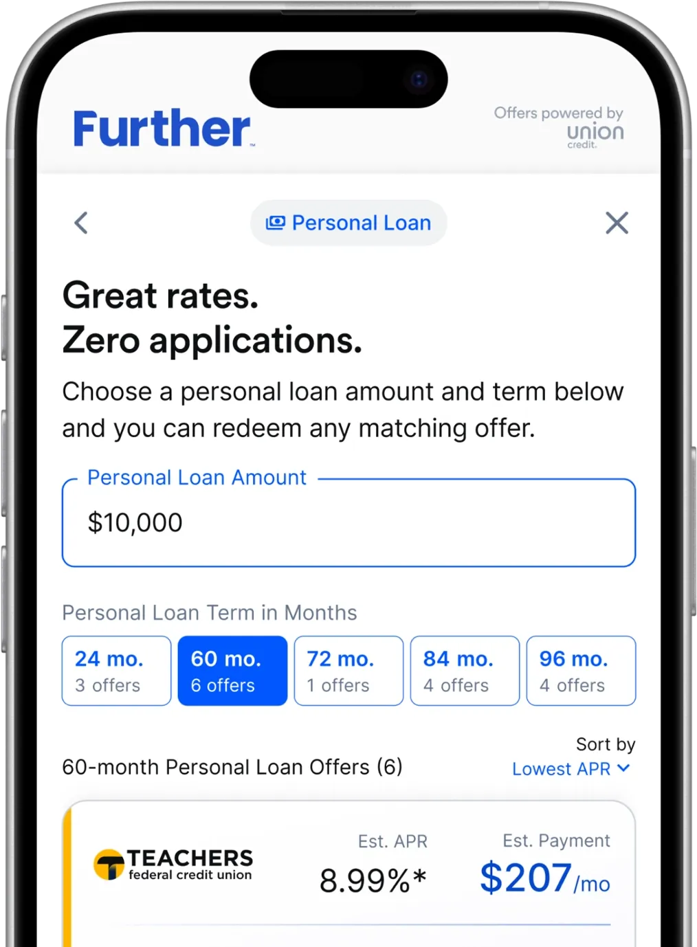 mobile app screen showing Further personal loan marketplace