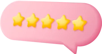 illustration of a pink speech bubble with five gold stars, symbolizing excellent customer reviews and high satisfaction