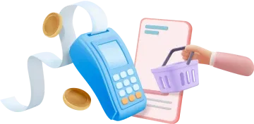 illustration of a mobile phone, payment terminal, and shopping basket